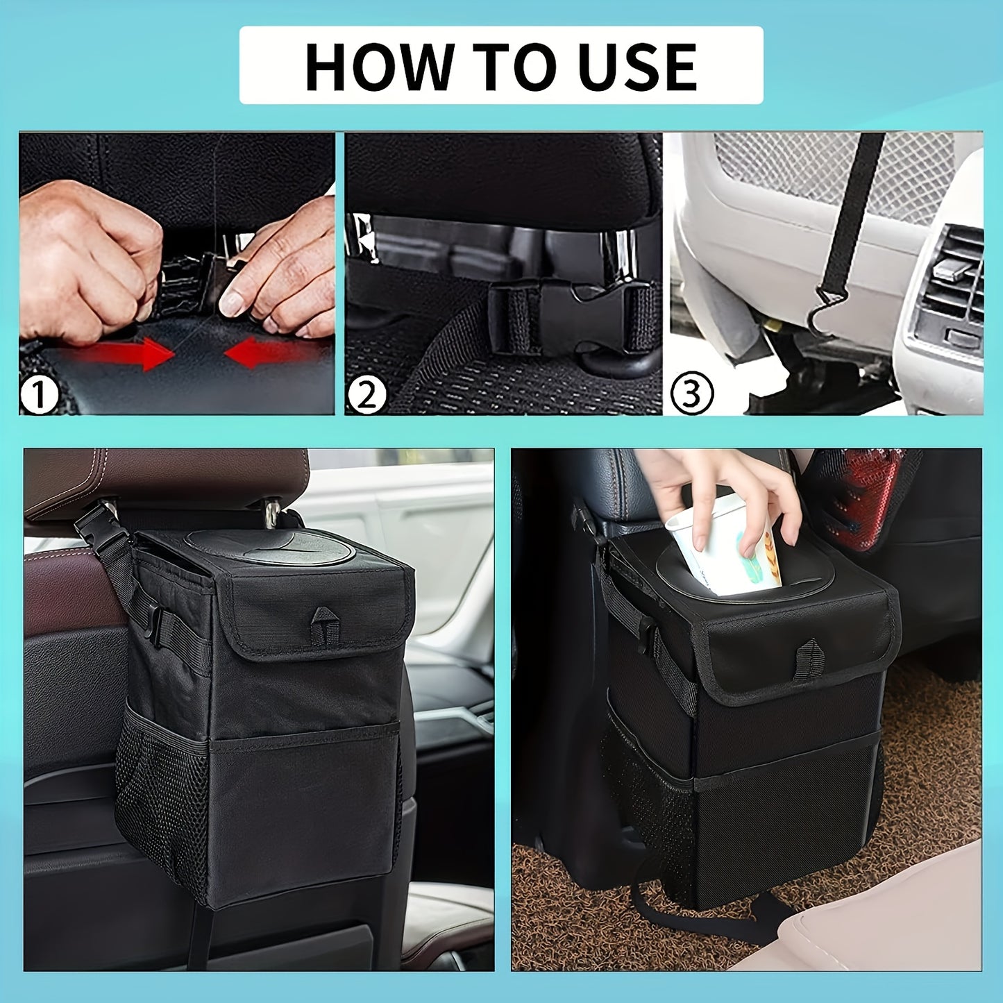 1pc Waterproof Car Trash Can with Lid and Storage Pockets