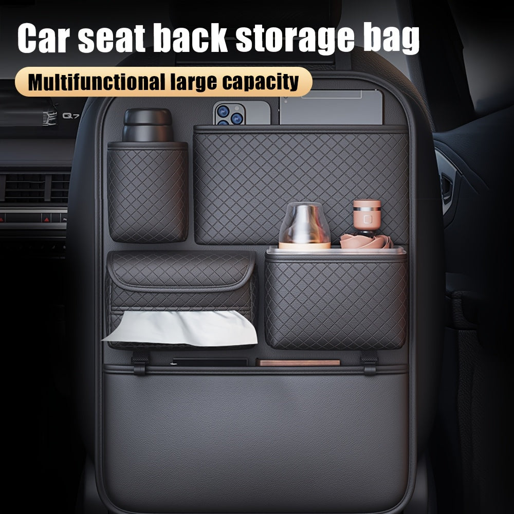 1pc Faux Leather Car Seat Back Organizer with Diamond Pattern