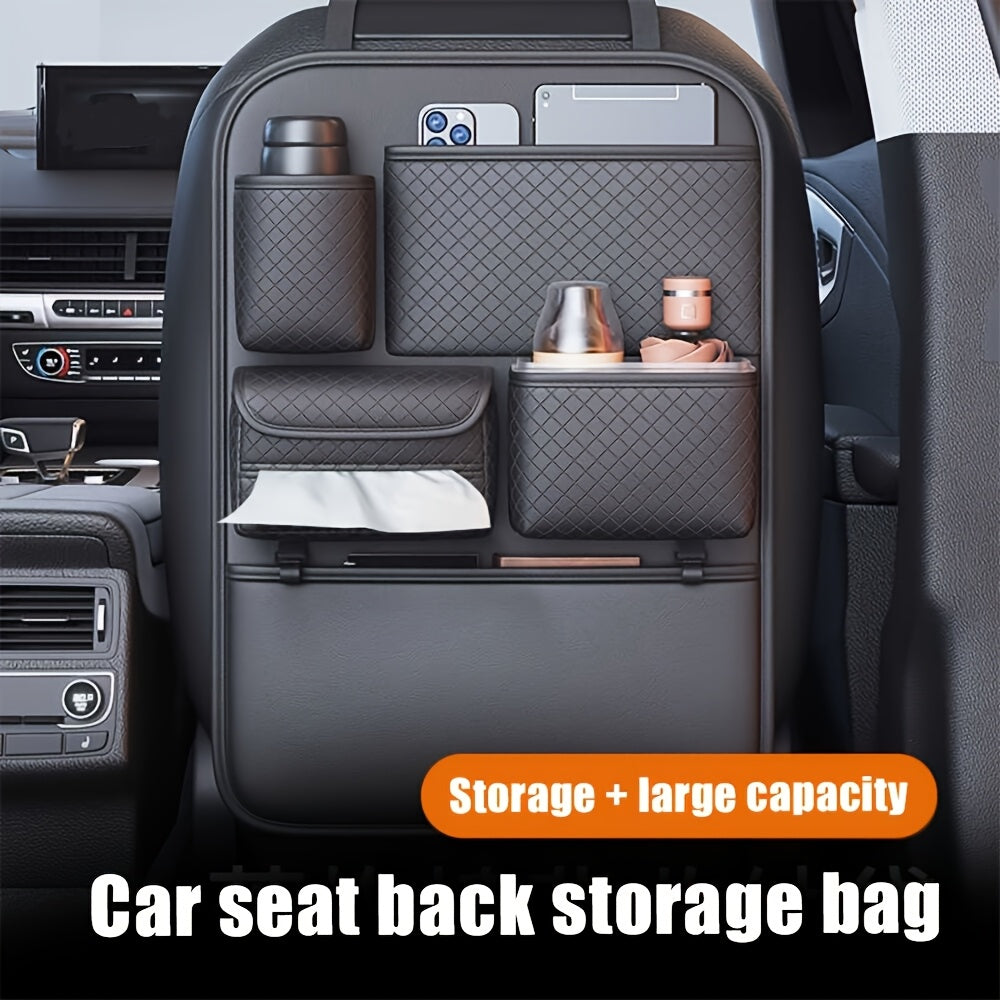 1pc Faux Leather Car Seat Back Organizer with Diamond Pattern