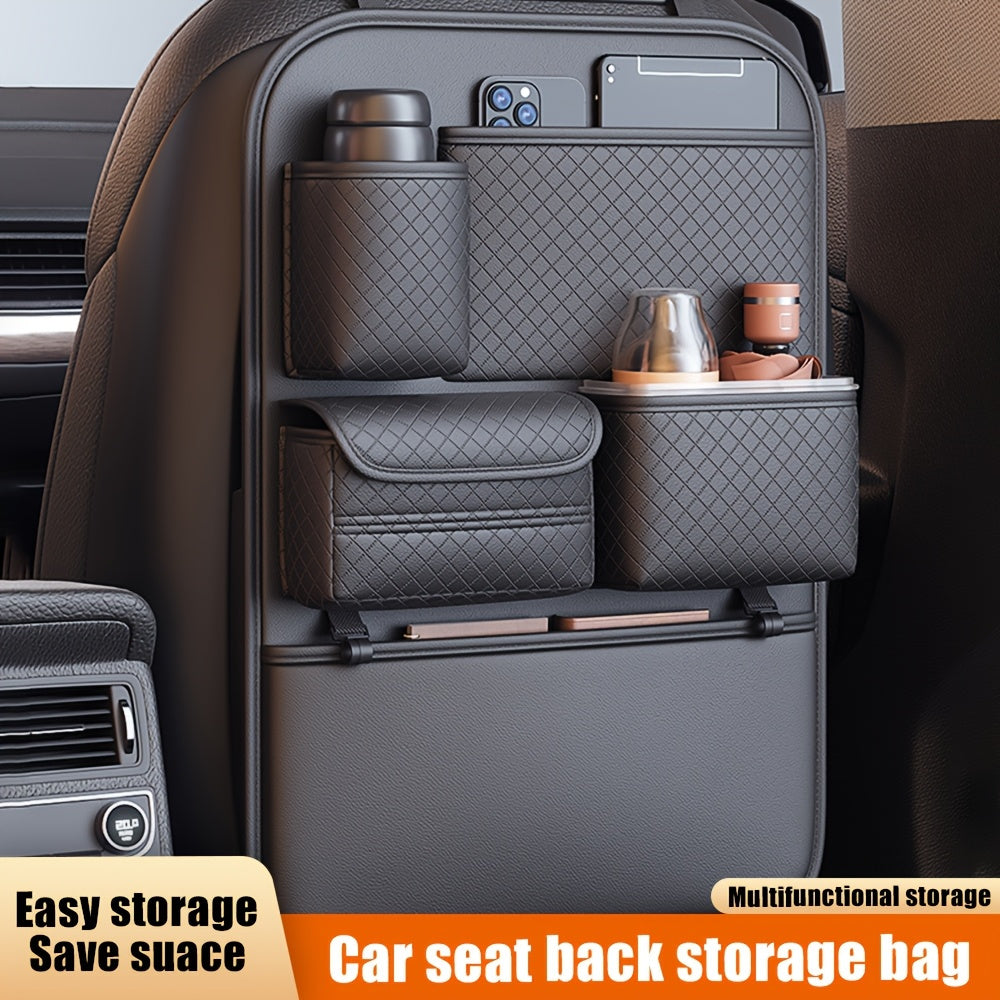 1pc Faux Leather Car Seat Back Organizer with Diamond Pattern