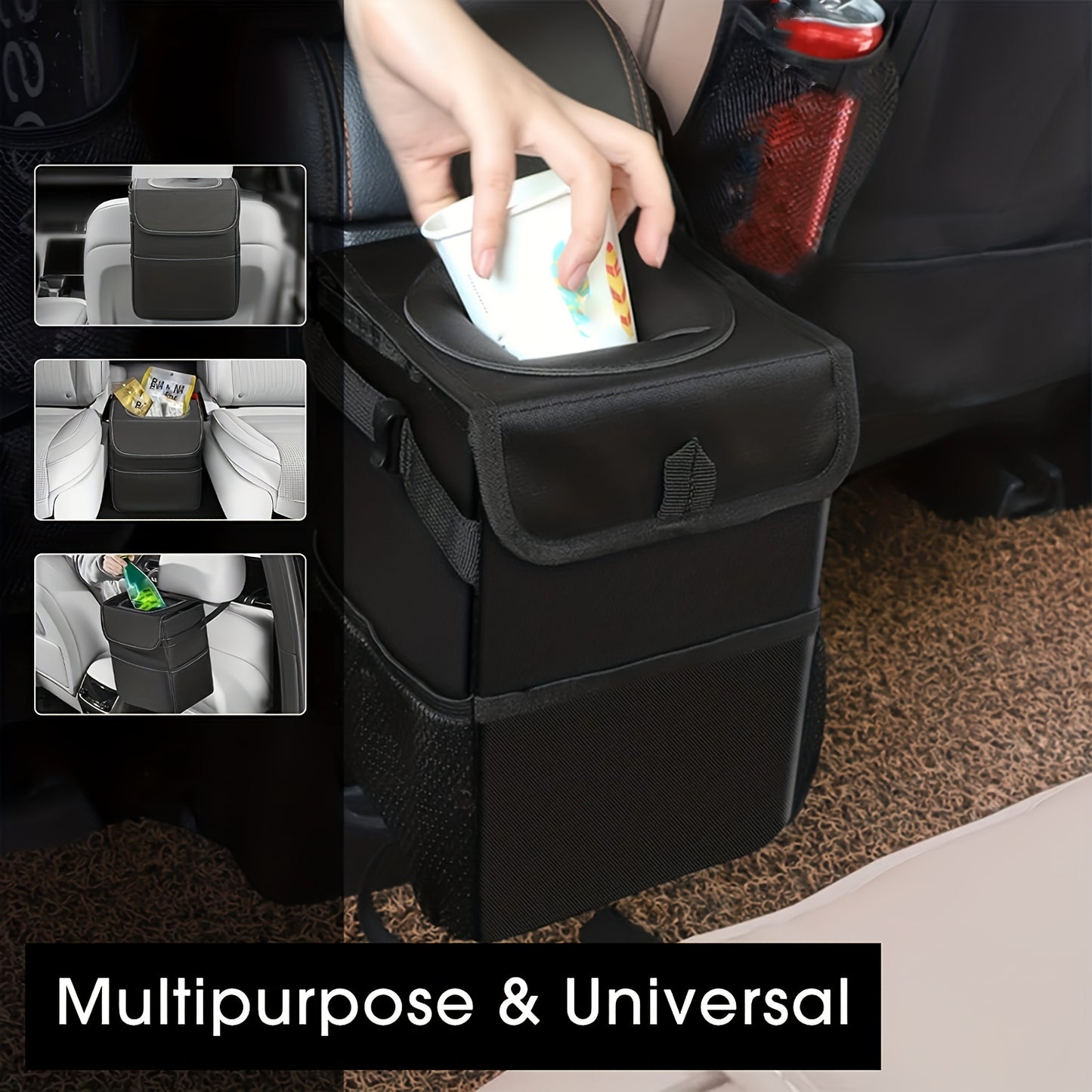 1pc Waterproof Car Trash Can with Lid and Storage Pockets
