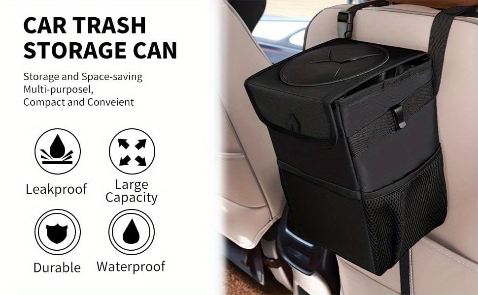 1pc Waterproof Car Trash Can with Lid and Storage Pockets