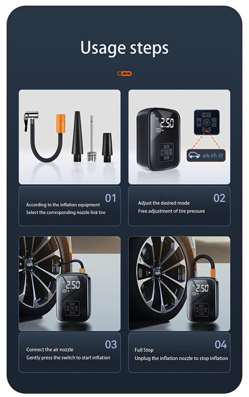 1pc Tire Inflator Portable Air Compressor